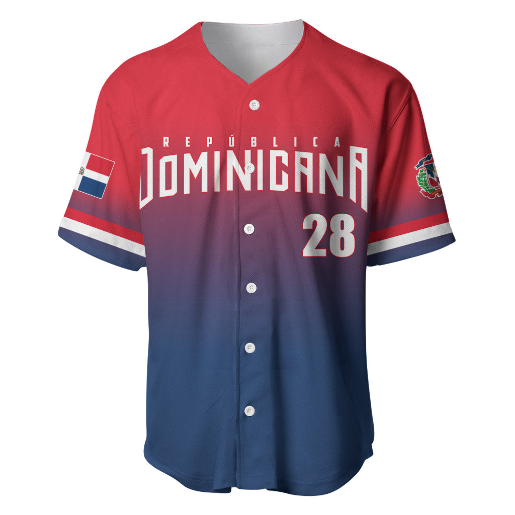 Baseball jersey in red and blue with button front, Dominican Republic 28 print and sleeve patches
