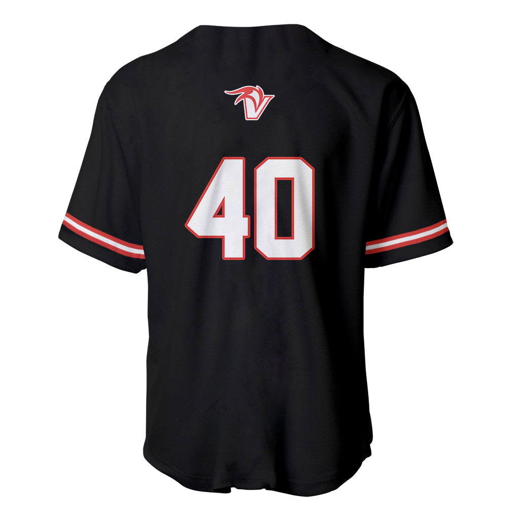 Black baseball jersey with red/white sleeve stripes, Vulcans V logo, and 40 back