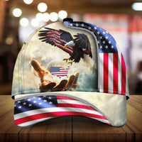 Tan patriotic baseball cap with eagle and stars-and-stripes graphic, front view