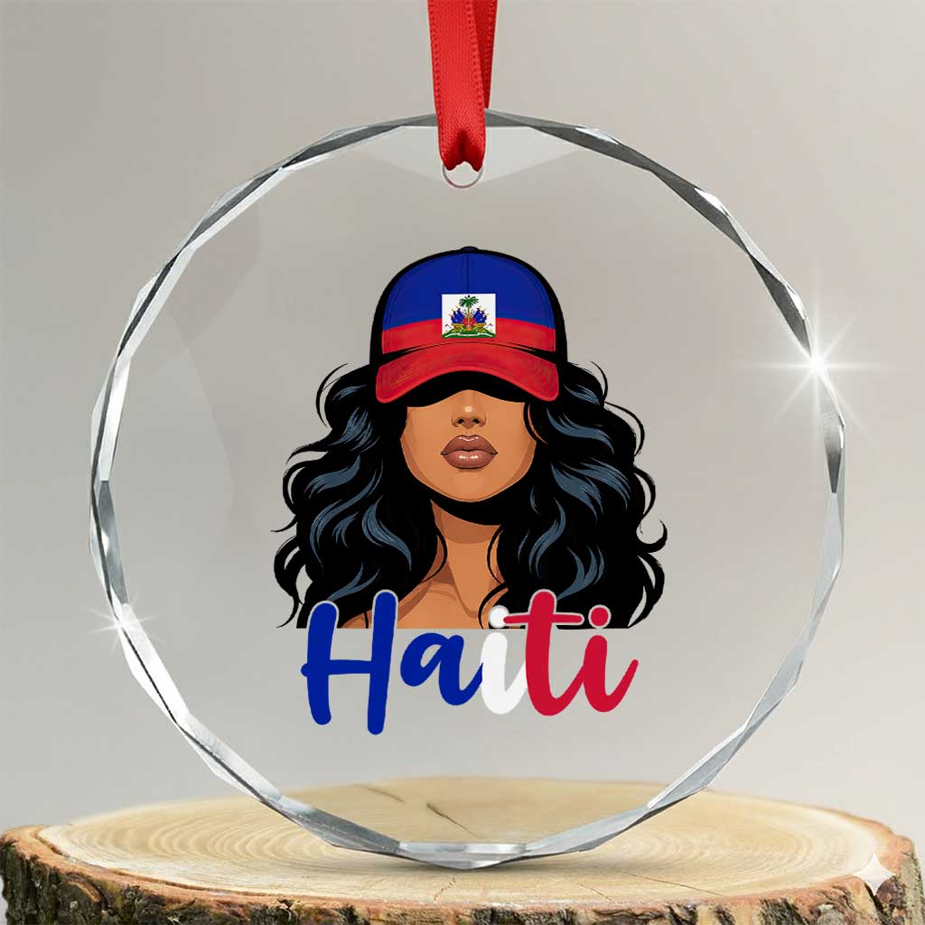 Beautiful Haitian Girl in Flag Baseball Cap Crystal Glass Ornament Haiti Heritage Pride