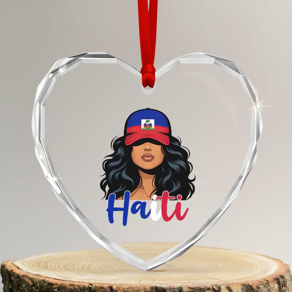 Beautiful Haitian Girl in Flag Baseball Cap Heart Crystal Glass Ornament Haiti Heritage Pride