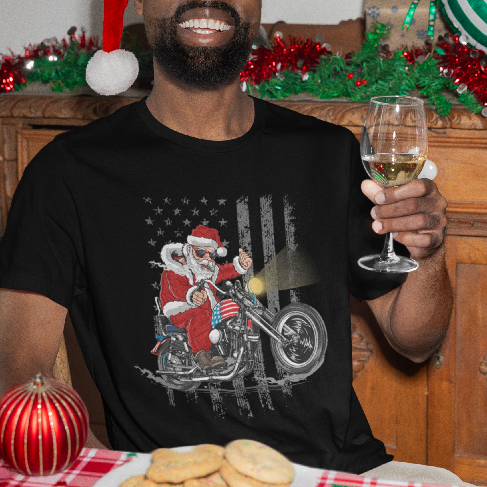 Christmas Santa Claus Riding Motorbike Patriotic USA T Shirt - Wonder Print Shop