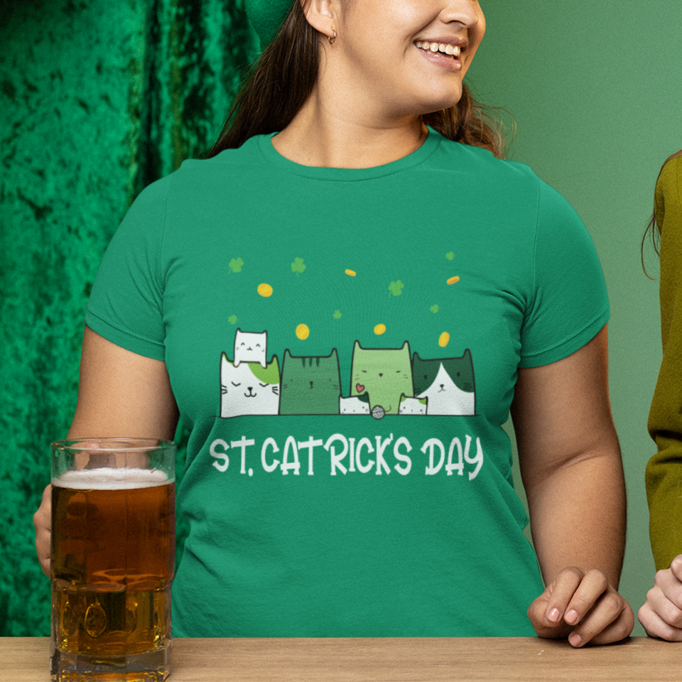 Happy Patrick's Day T Shirt St.Catrick's Lucky Cat Shamrock Hat - Wonder Print Shop