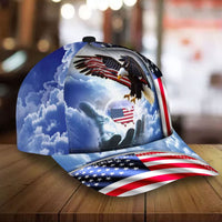 Blue patriotic baseball cap with eagle and stars-and-stripes flag graphic, side view