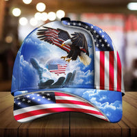 Blue patriotic baseball cap with eagle and flag 3D-style graphic on front panel