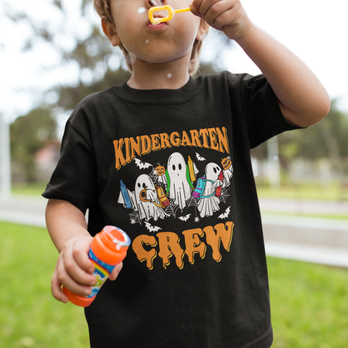 Black kids crew-neck T-shirt with colorful Halloween ghost graphic and 'KINDERGARTEN' text