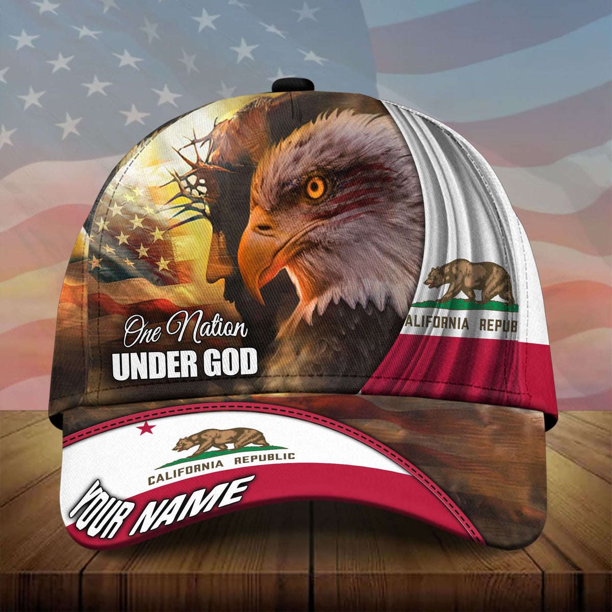 3D eagle baseball cap with 'California Republic' side patch and 'YOUR NAME' brim