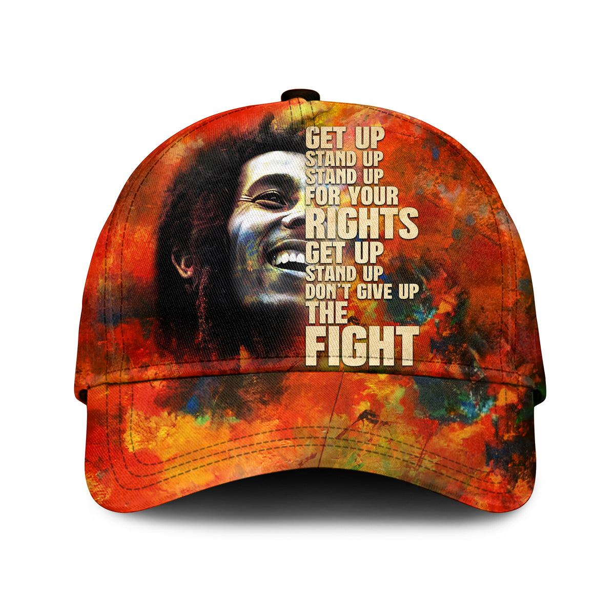 Orange and black baseball cap with large front quote graphic and 'THE FIGHT' text