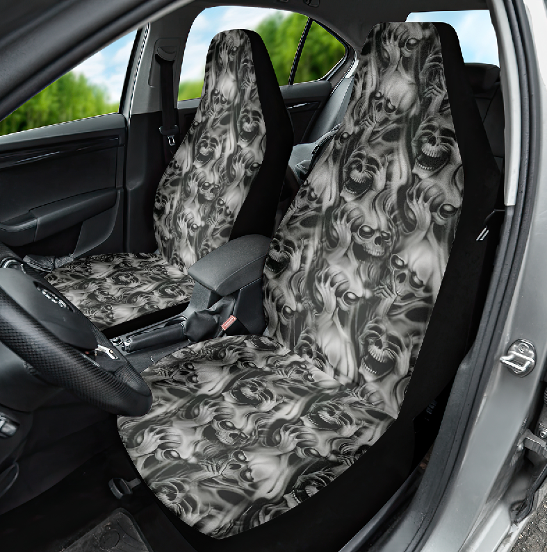Black car seat covers with skull-and-flame pattern, fitted front seat set