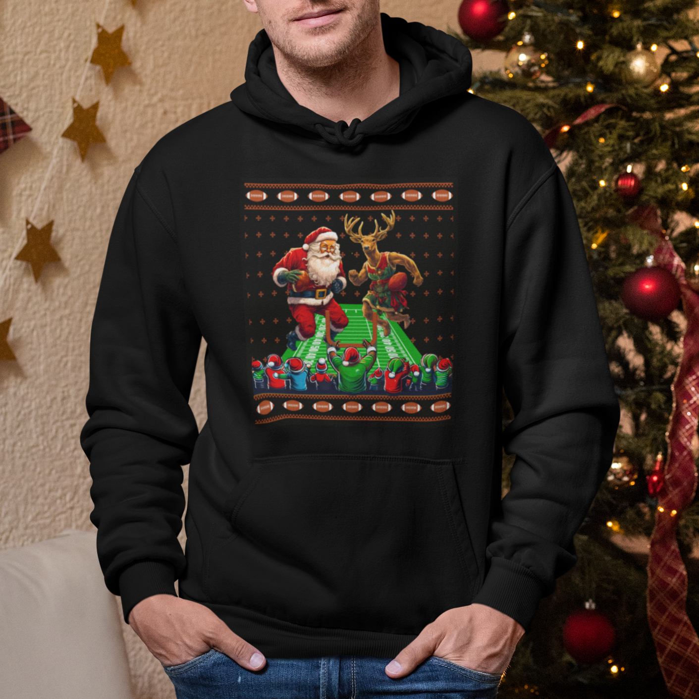 Christmas Sport Hoodie Santa Reindeer Play American Football - Wonder Print Shop