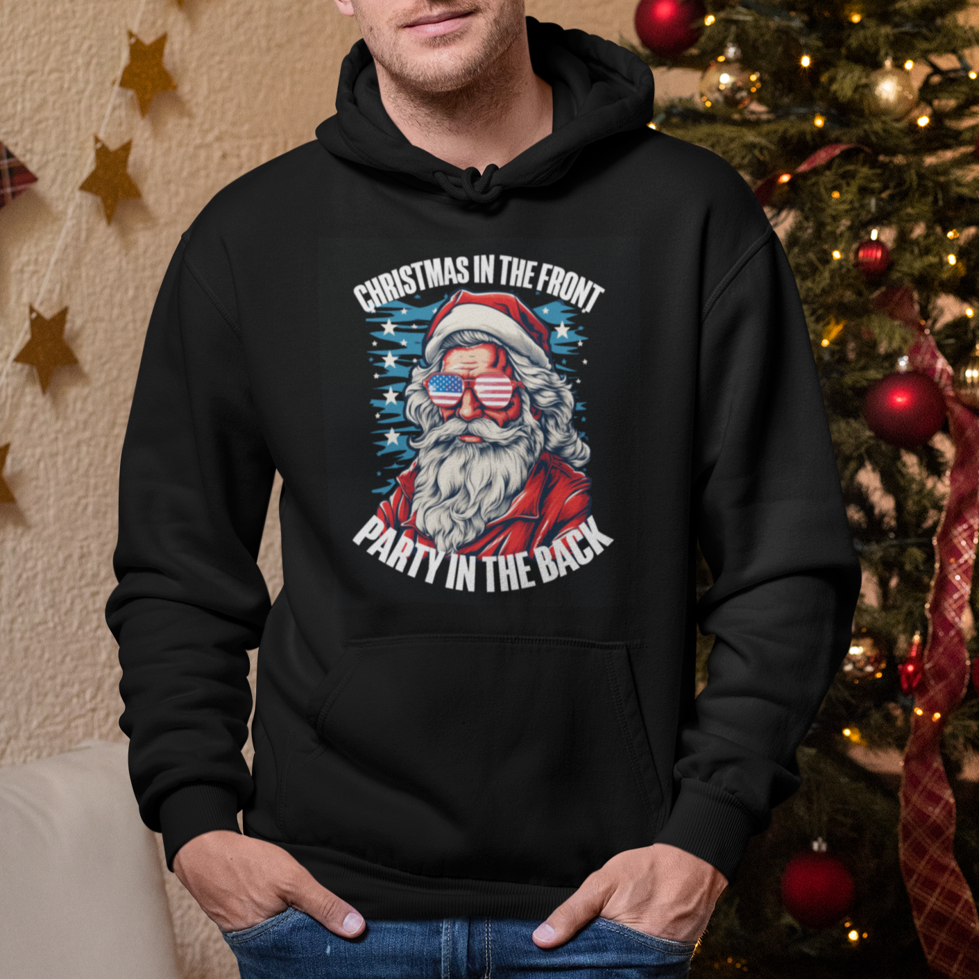 Christmas in the Front Party in the Back USA Patriotic Santa Hoodie - Wonder Print Shop