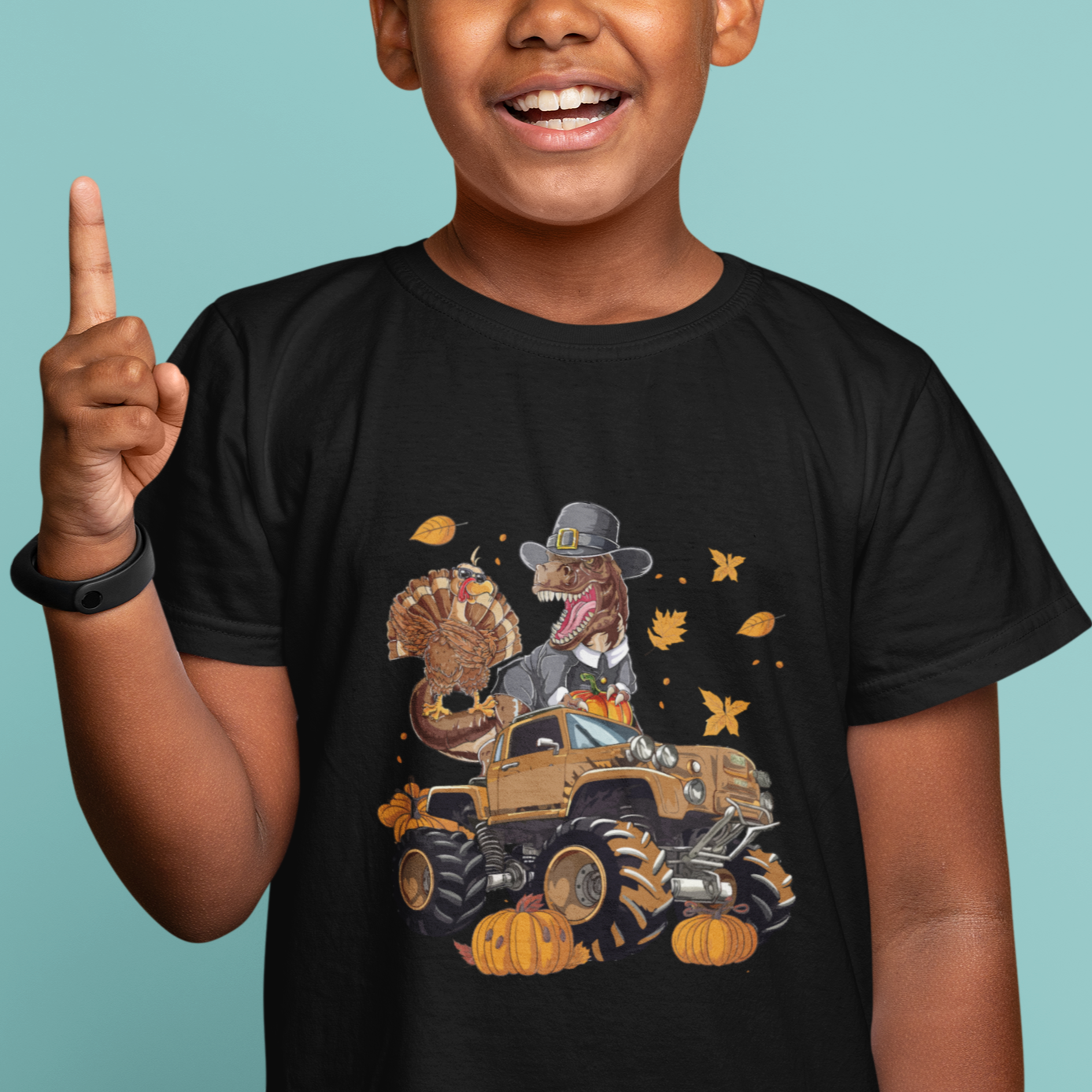 T Rex Turkey Riding Truck Monster Happy Thanksgiving Cool Dinosaur T Shirt For Kid - Wonder Print Shop