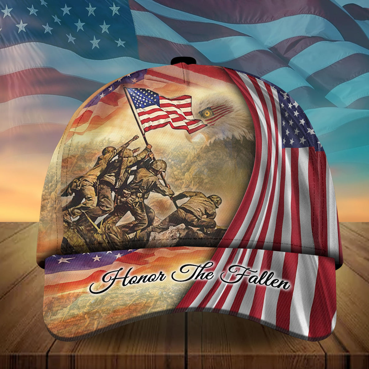 Baseball cap with US flag eagle 3D graphic and script text 'Honor The Fallen'