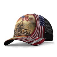 Trucker cap with 3D soldier-and-eagle US flag graphic, red-white-blue stripes on front