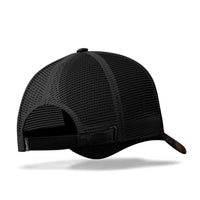 Trucker cap back with black mesh, curved brim, and partial US flag eagle design