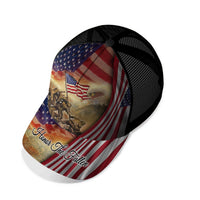 Trucker cap with US flag eagle graphic and script 'Honor The Fallen' on striped panel