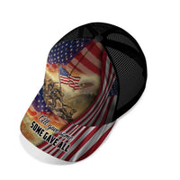 Trucker cap side view with mesh back, US flag eagle 3D graphic, and 'All Gave Some'