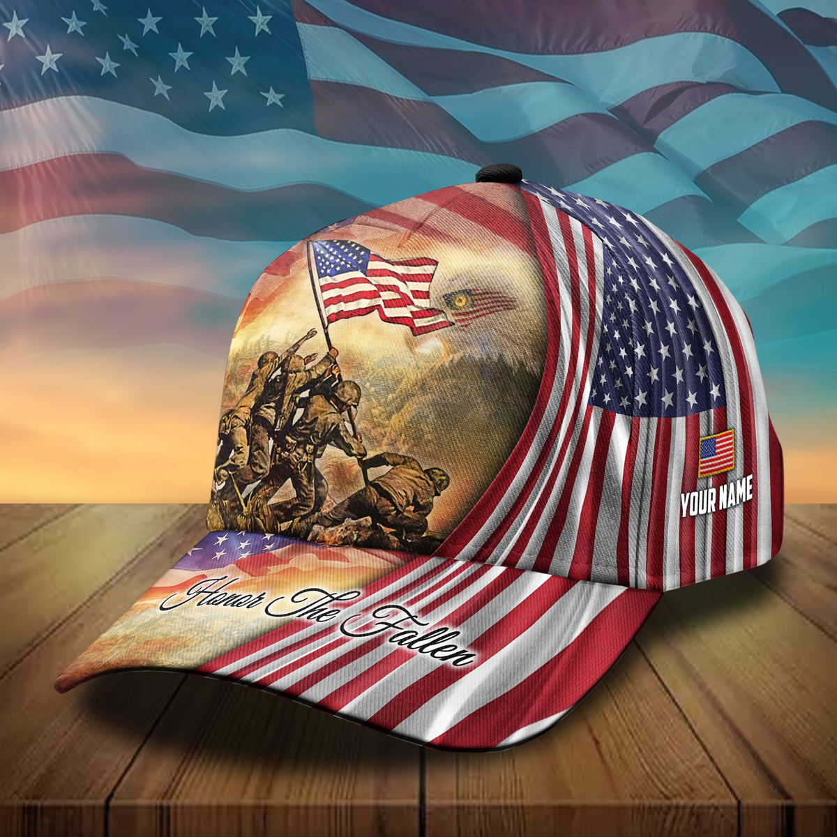 Baseball cap with US flag eagle 3D graphic, 'YOUR NAME' side patch, and 'Honor The Fallen'