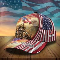 Baseball cap with US flag eagle 3D graphic, 'YOUR NAME' side patch, and 'Honor The Fallen'