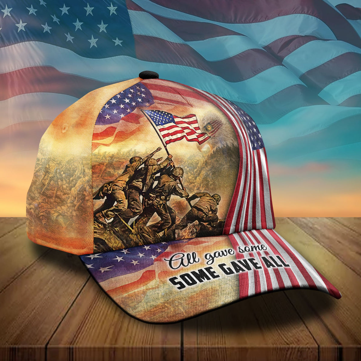 Baseball cap with US flag eagle 3D graphic and brim text 'All Gave Some, Some Gave All'