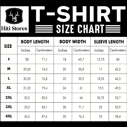T-shirt size chart table with measurements for S to 4XL: body length, width, sleeve length