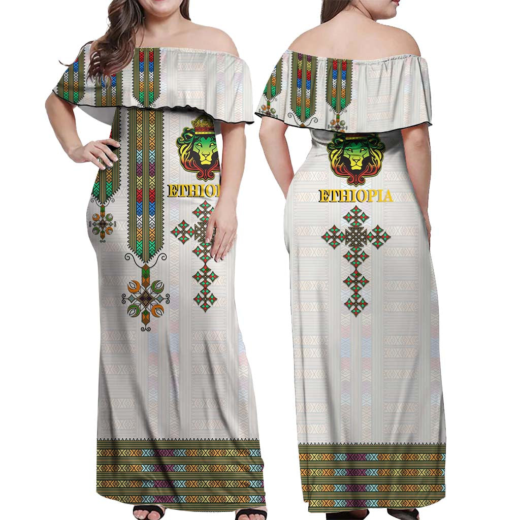 White off-shoulder long dress with colorful vertical stripes and lion graphic, Ethiopia print