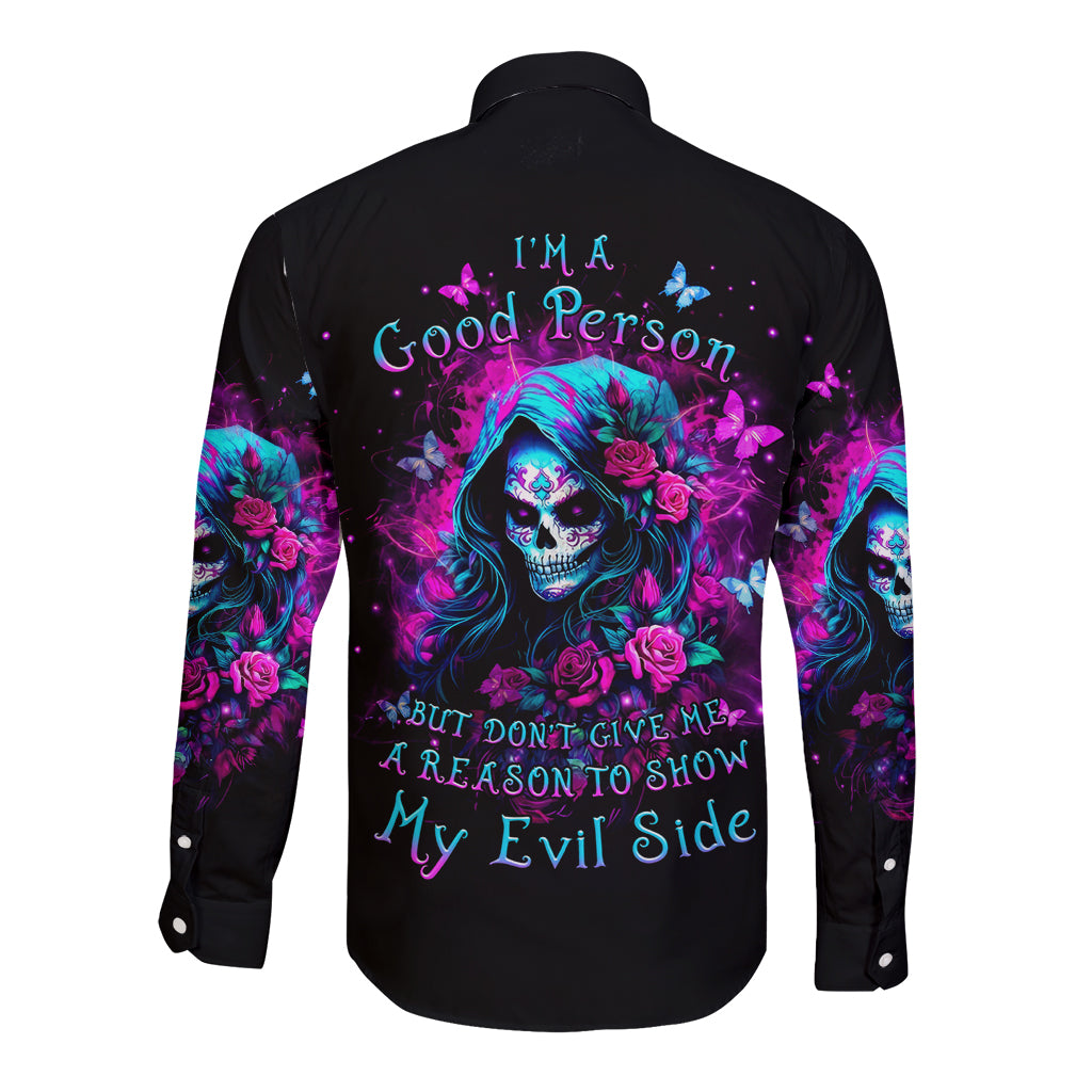 Witch Skull Long Sleeve Button Shirt I'm A Good Person But Don't Give Me A Reason To Show Evil Side - Wonder Print Shop