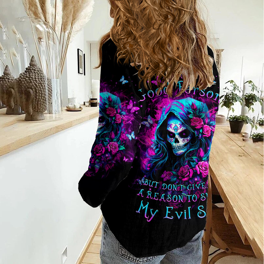 Witch Skull Women Casual Shirt I'm A Good Person But Don't Give Me A Reason To Show Evil Side - Wonder Print Shop