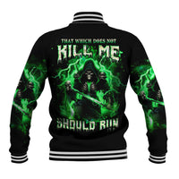 Black baseball jacket with ribbed collar and green skull graphic on back