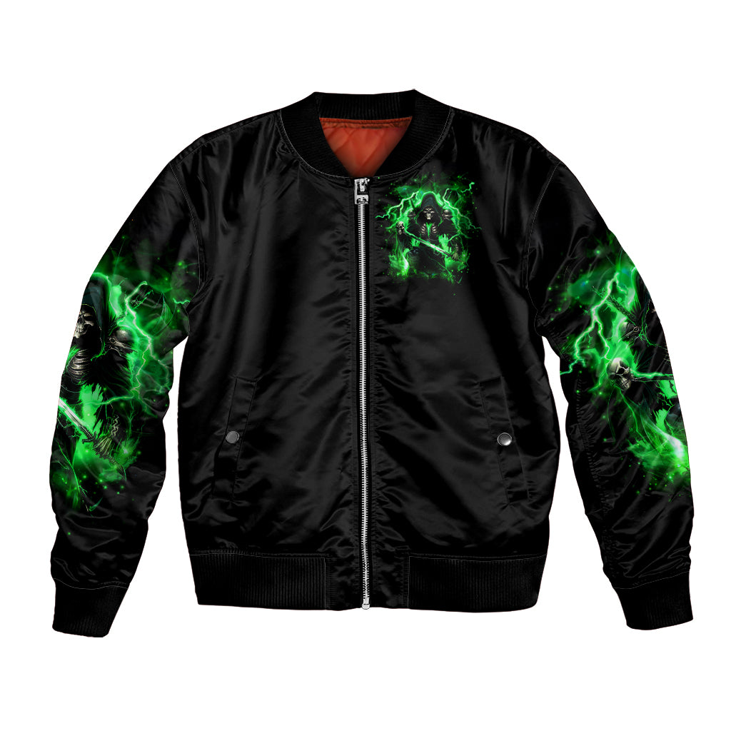 Black unisex bomber jacket, front zip, green skull graphic and flame sleeves
