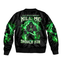 Black unisex bomber jacket, ribbed collar and cuffs, green skull graphic on back