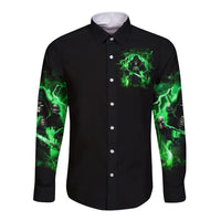 Black long sleeve button shirt, front chest skull graphic with green lightning