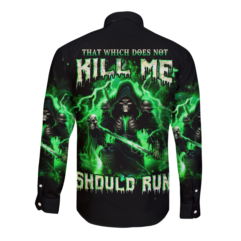 Black long sleeve button shirt, back print with skull and green lightning text