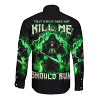 Black long sleeve button shirt, back print with skull and green lightning text
