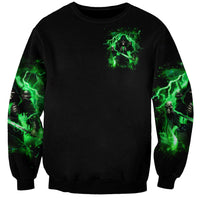Black unisex sweatshirt with small green reaper skull chest print, green sleeve graphics