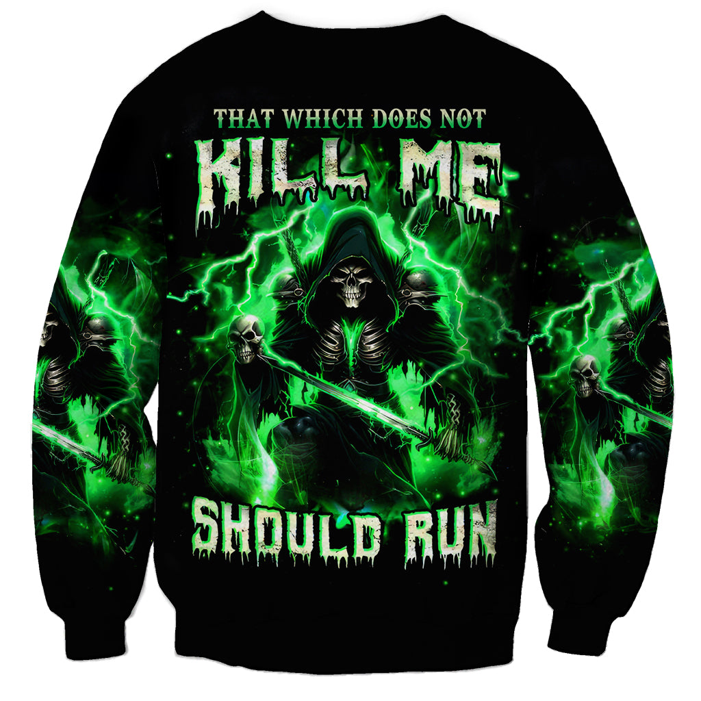 Black unisex sweatshirt with green reaper skull graphic and back text