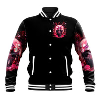 Black baseball jacket with witch skull emblem on front, ribbed striped collar cuffs