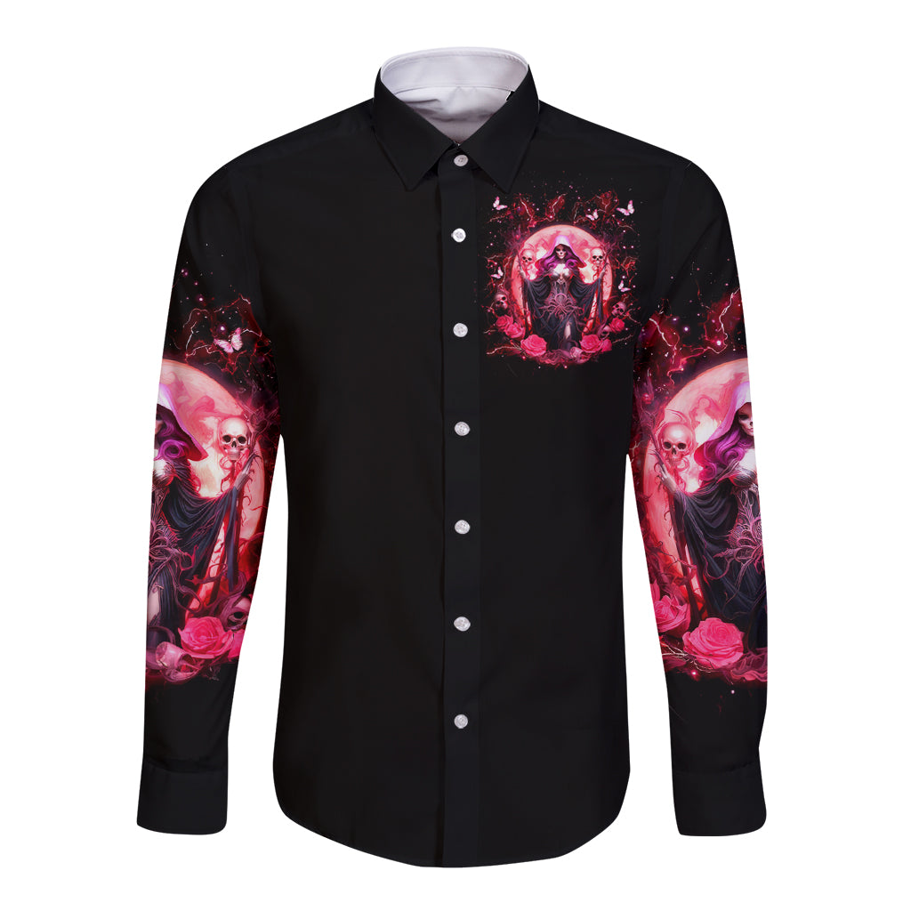 Black long-sleeve button shirt with front chest graphic and skull sleeve print
