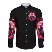 Black long-sleeve button shirt with front chest graphic and skull sleeve print