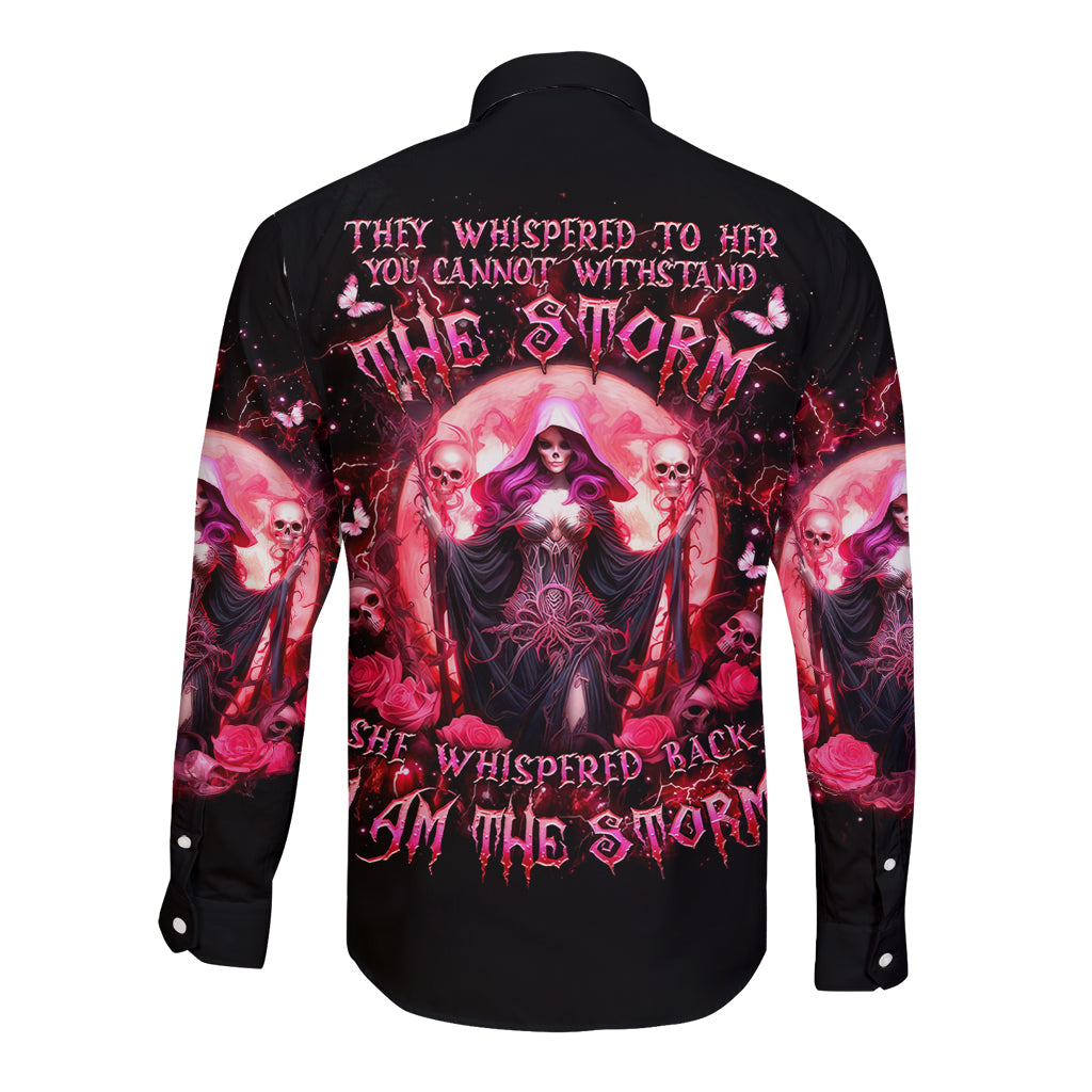 Black long-sleeve button shirt with large back graphic of witch and skulls