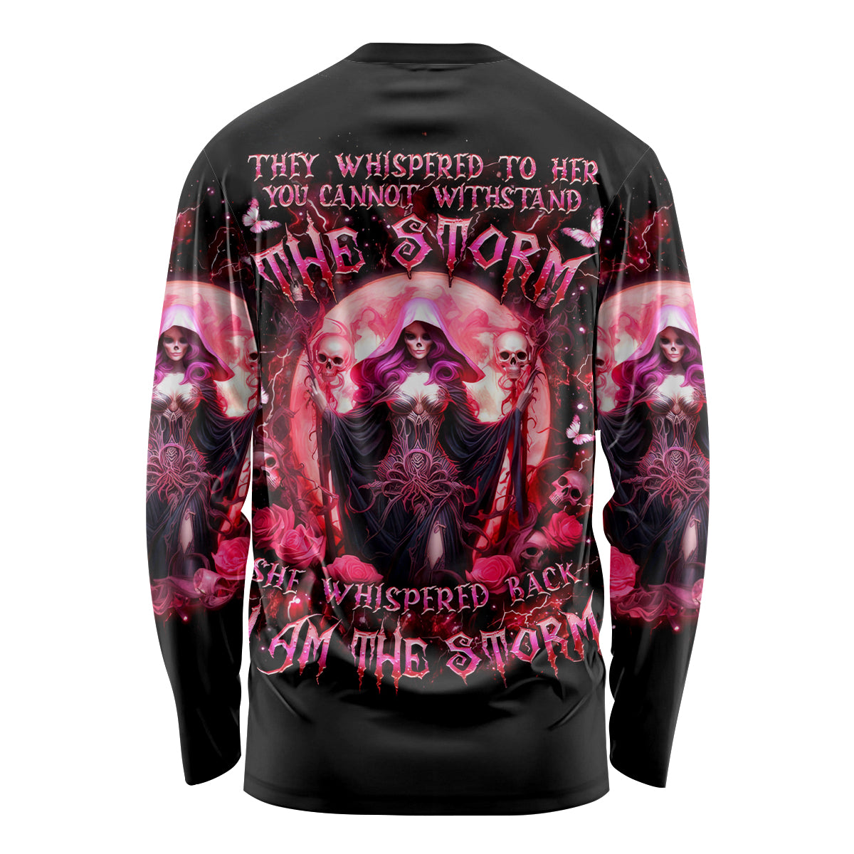 Unisex black long-sleeve shirt with back witch skull graphic and pink lettering