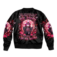 Black unisex bomber jacket with skull and witch back graphic, ribbed collar and cuffs