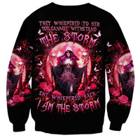 Black unisex sweatshirt with pink witch skull graphic and red rose sleeve print
