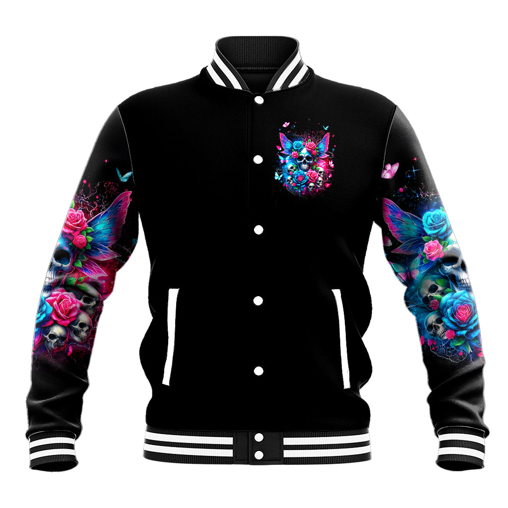 Black baseball varsity jacket with colorful skull-and-butterfly chest emblem; striped ribbed cuffs