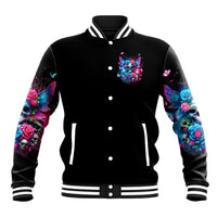Black baseball varsity jacket with colorful skull-and-butterfly chest emblem; striped ribbed cuffs
