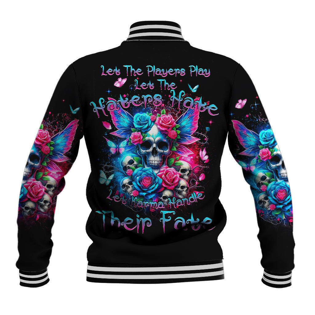Black baseball jacket with skull, roses, butterflies on back; striped ribbed collar cuffs