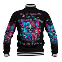 Black baseball jacket with skull, roses, butterflies on back; striped ribbed collar cuffs