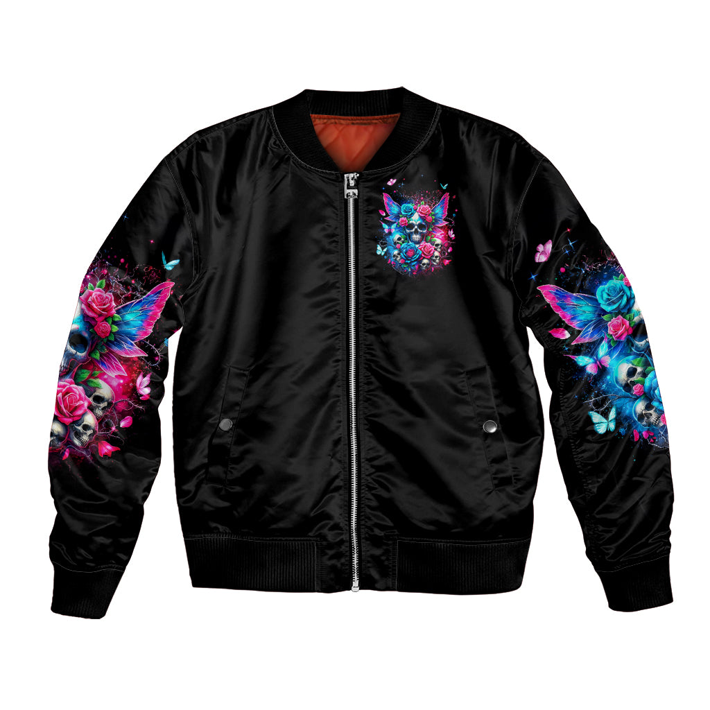 Black bomber jacket with front zipper and colorful winged skull graphic on chest