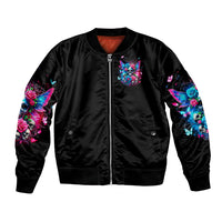 Black bomber jacket with front zipper and colorful winged skull graphic on chest