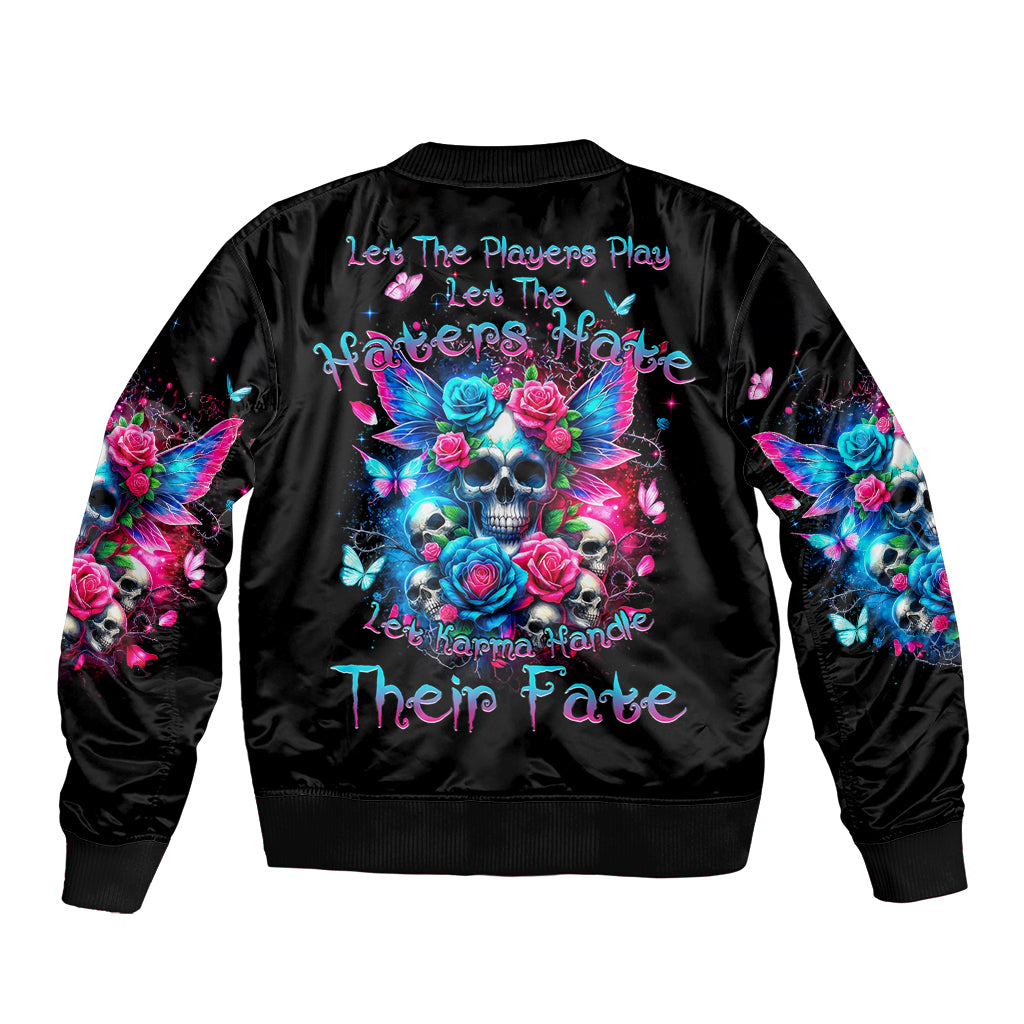 Black bomber jacket with colorful skull, roses, and wing graphic on back